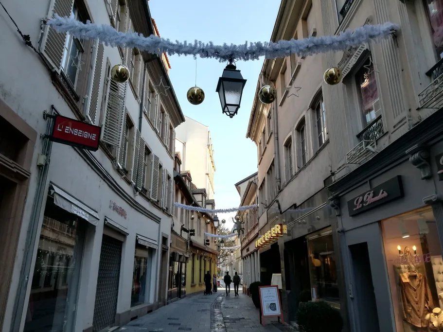 Christmas lights strung above a street in central Strasbourg