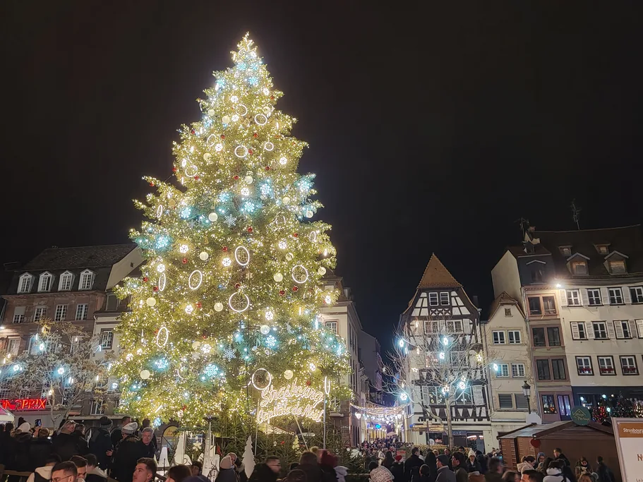 The great Christmas tree on Place Kléber lit after dark