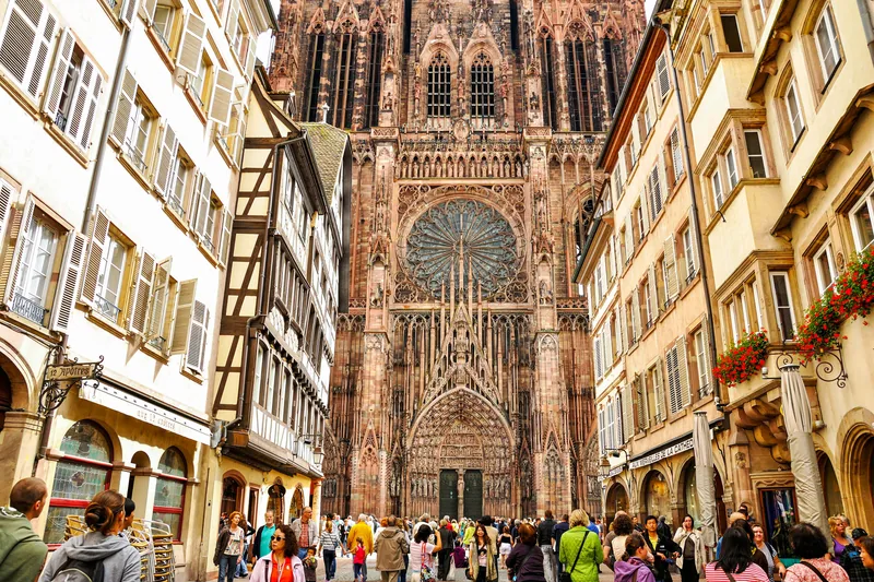 The west facade of Strasbourg Cathedral in pink sandstone
